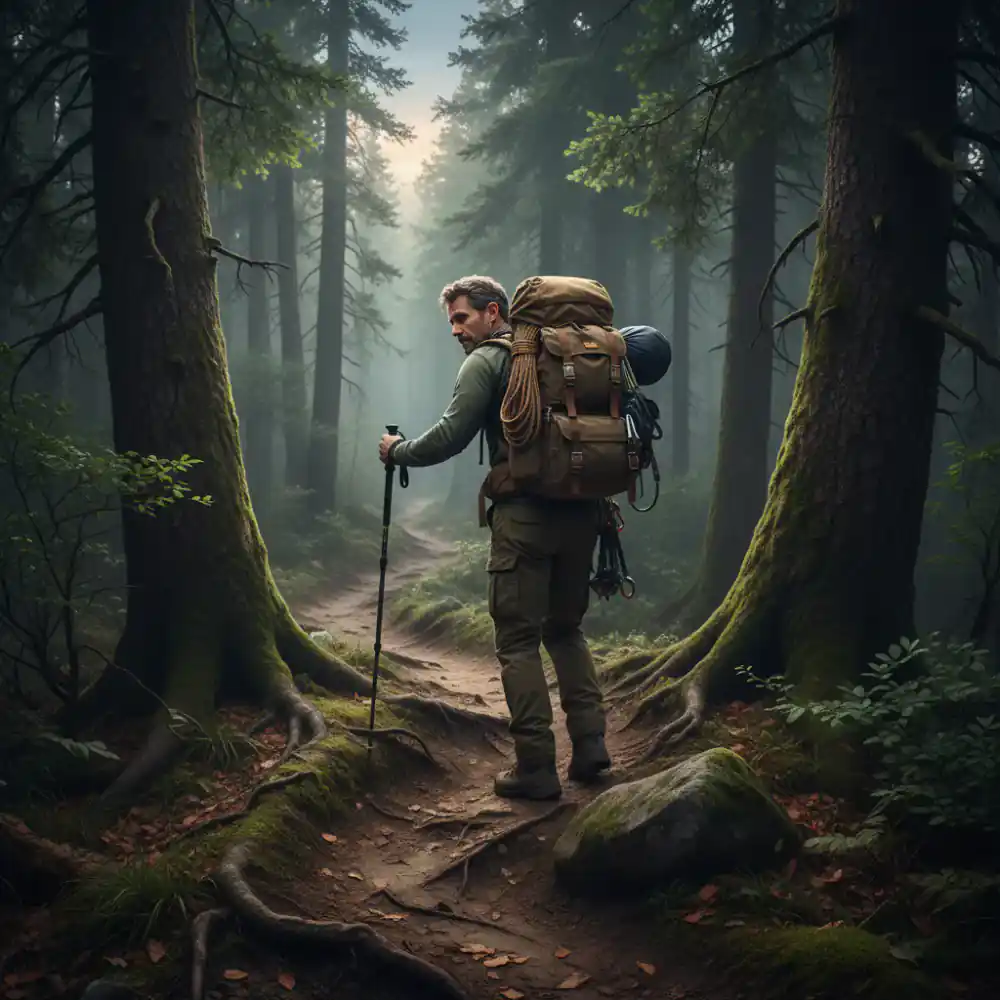 Hiker testing rugged backpack and gear on steep trail