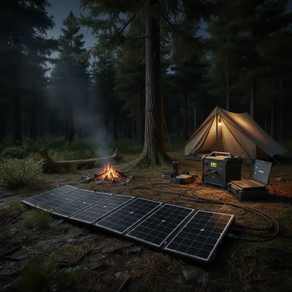 Foldable solar panel charging equipment at remote camp