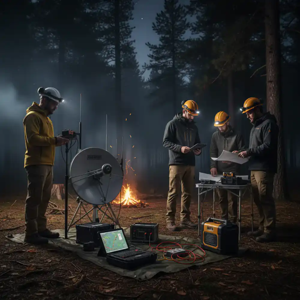 Engineering team field testing gear at a remote campsite