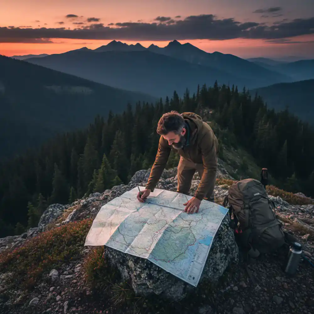 Founder reviewing trail maps on a mountain ridge