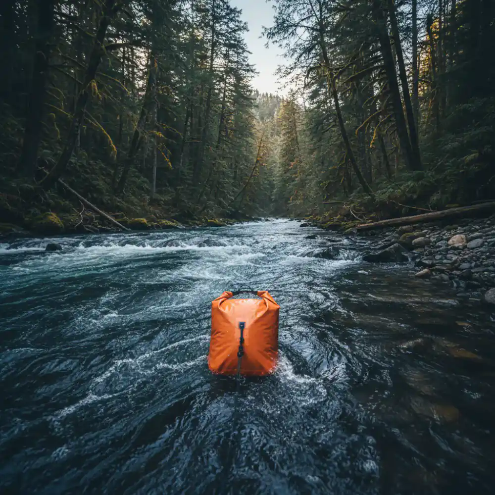 Waterproof dry bag floating in a swift river