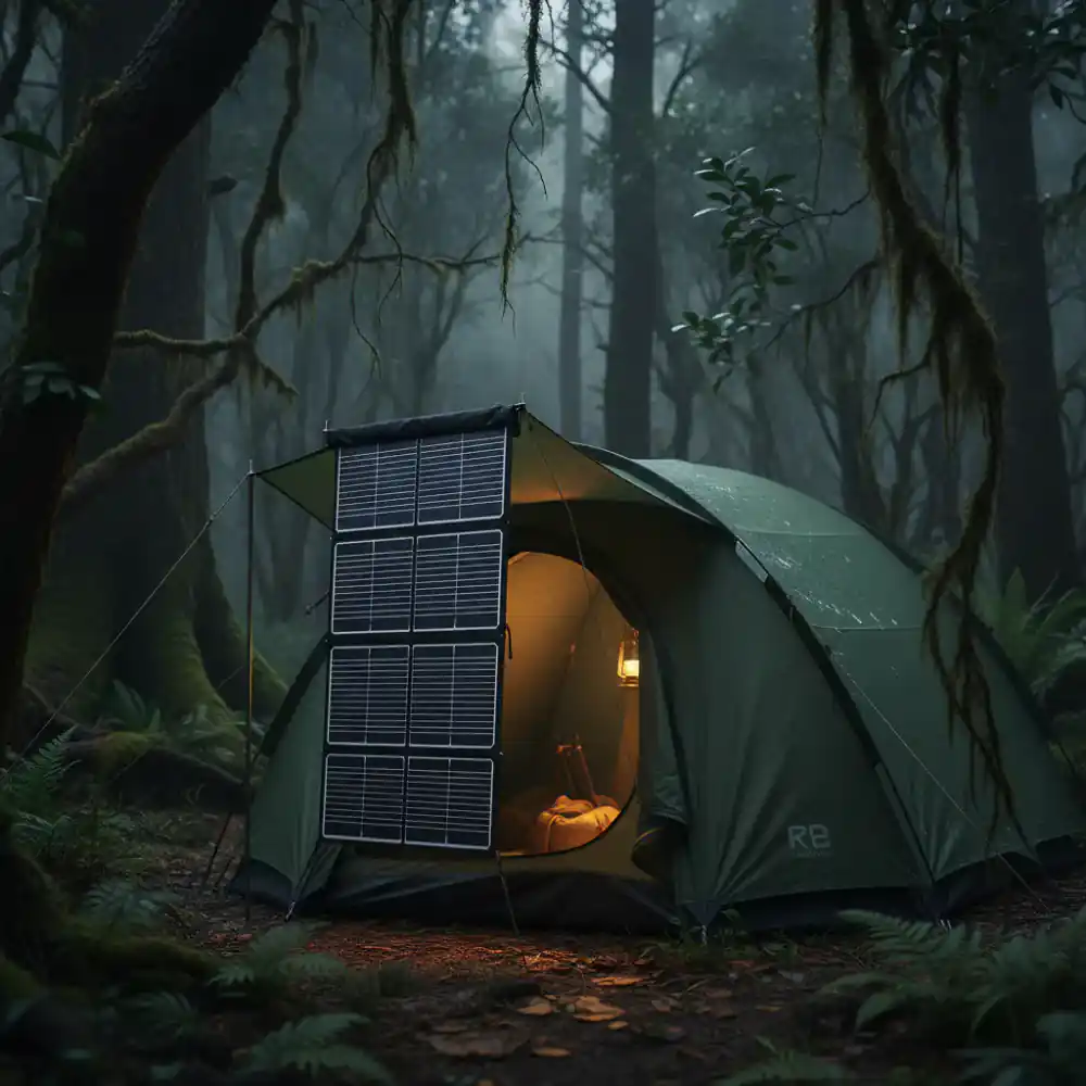 Foldable solar panel hanging from a tent canopy