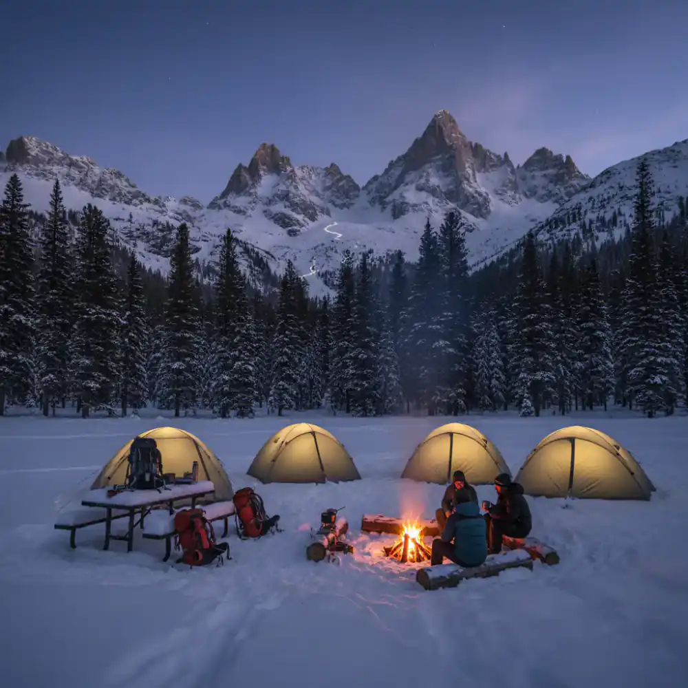 Camp set up in snow near a mountain peak