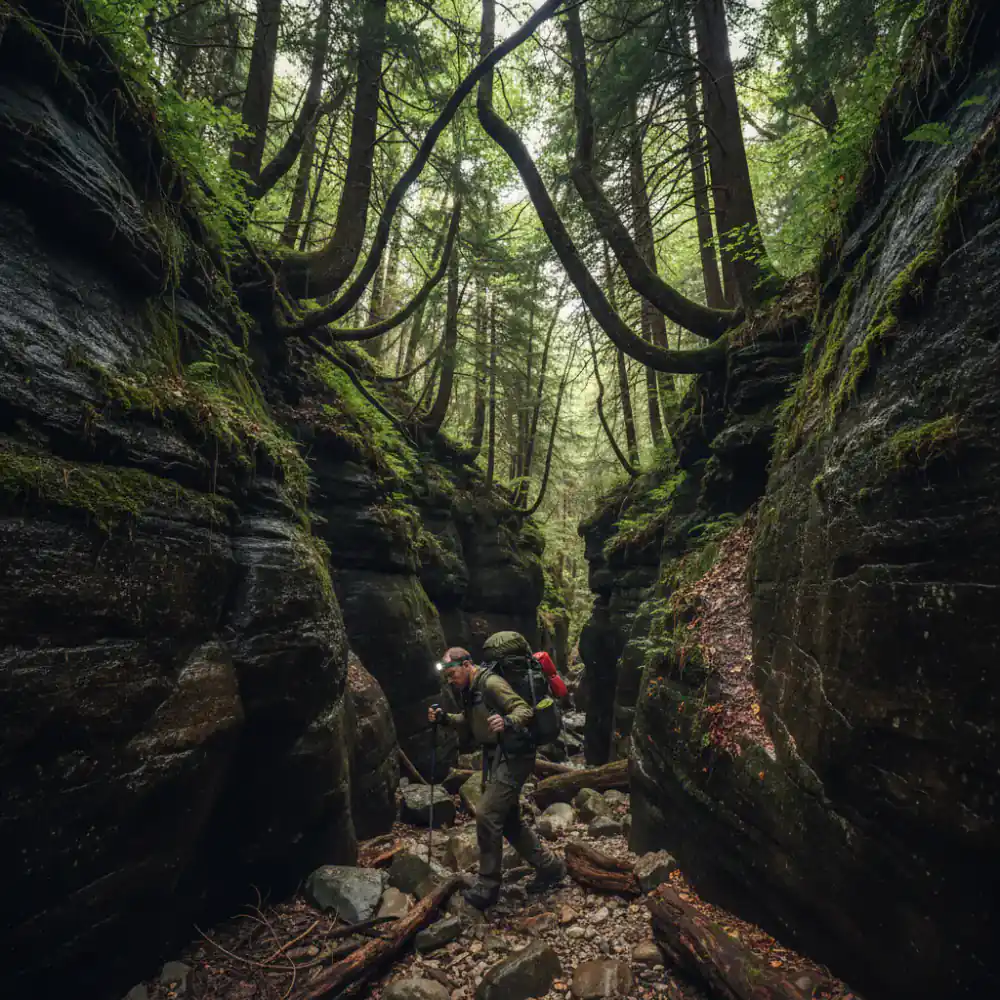 Hiker navigating a narrow canyon pass