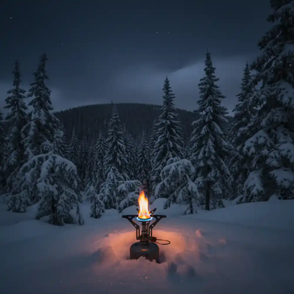 Portable gas burner ignited on a snowy mountain