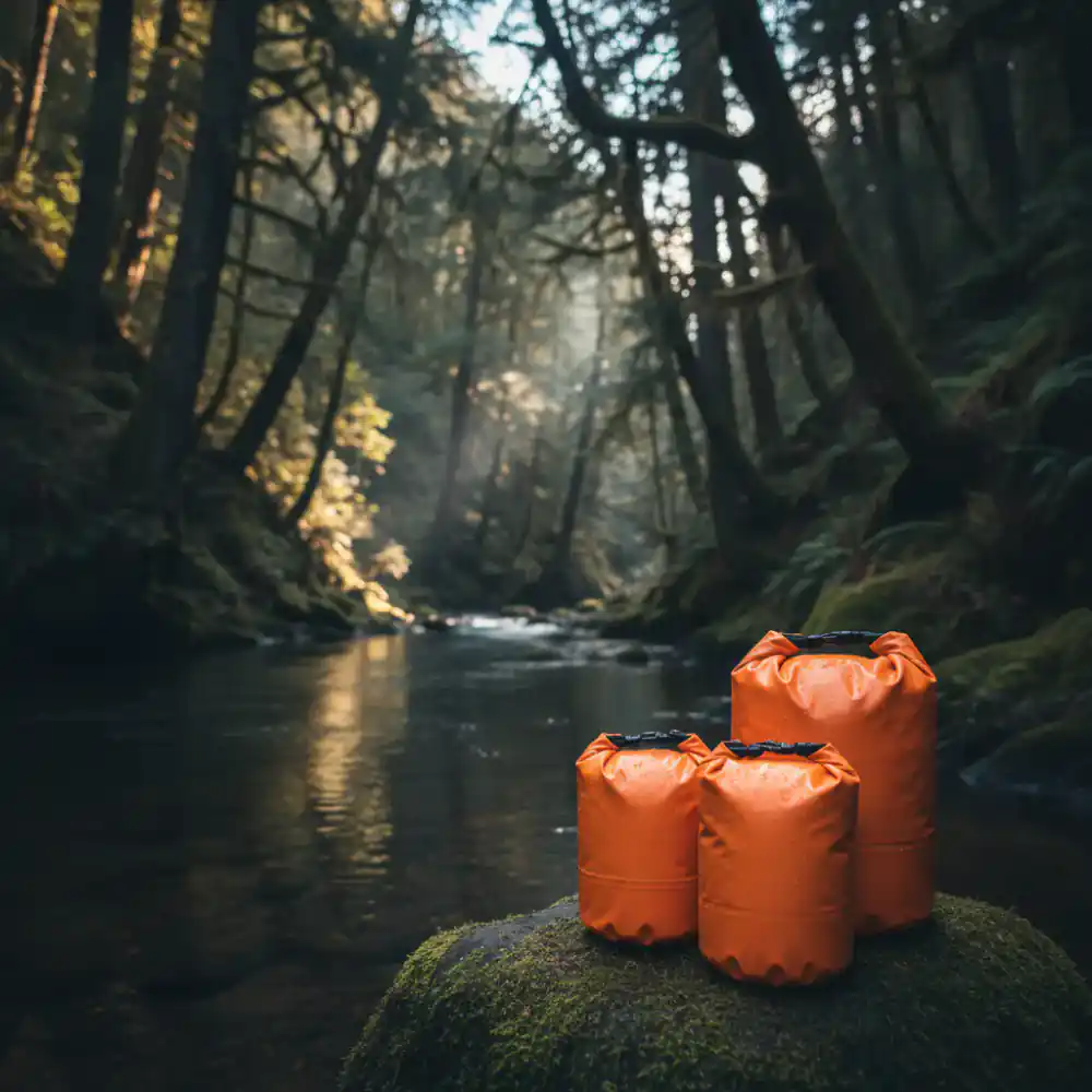 Bright orange waterproof dry bags beside a river
