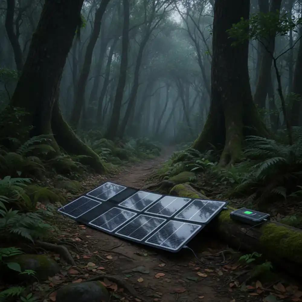 Foldable solar panel charging a device on a trail