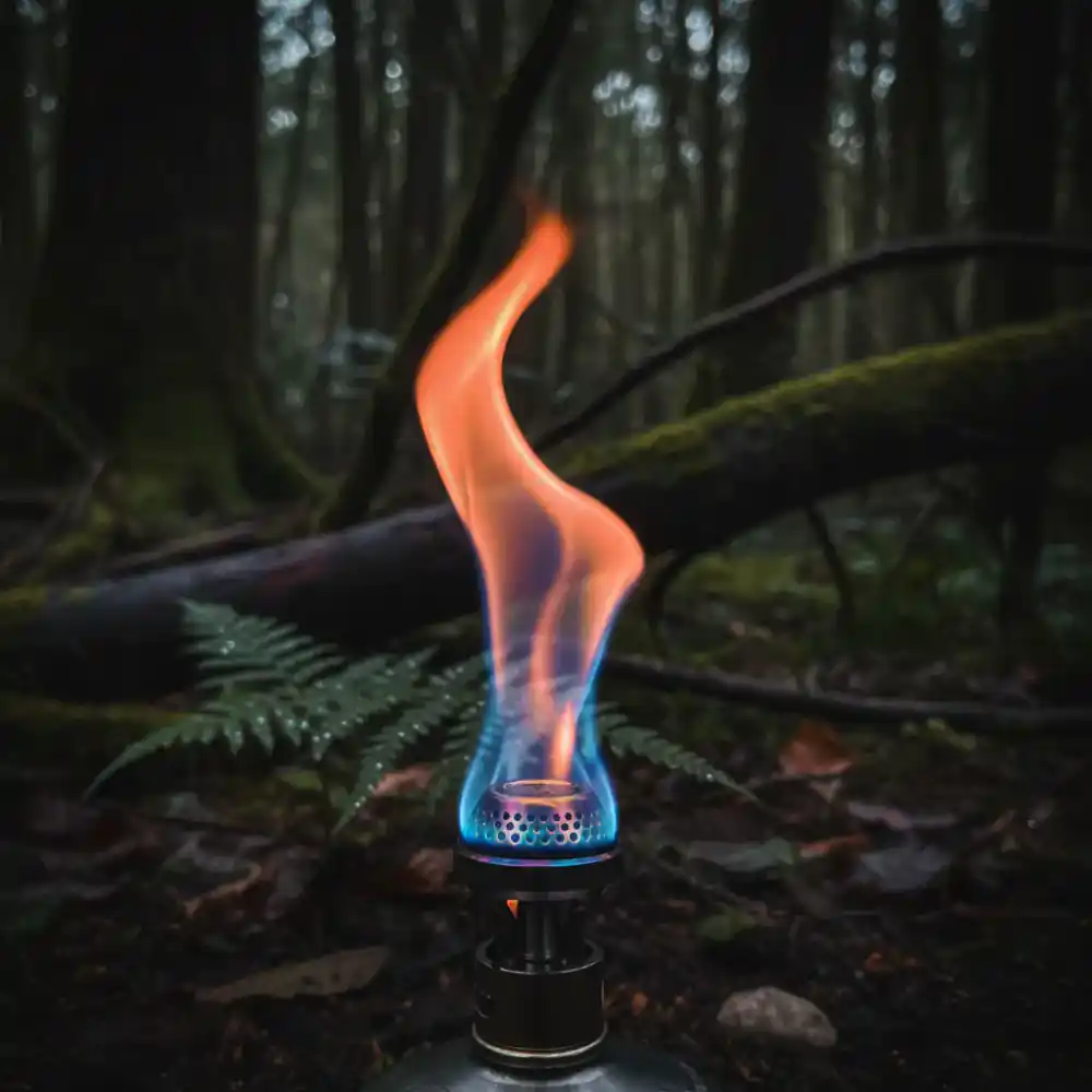 Close up of a titanium TrailForge burner flame