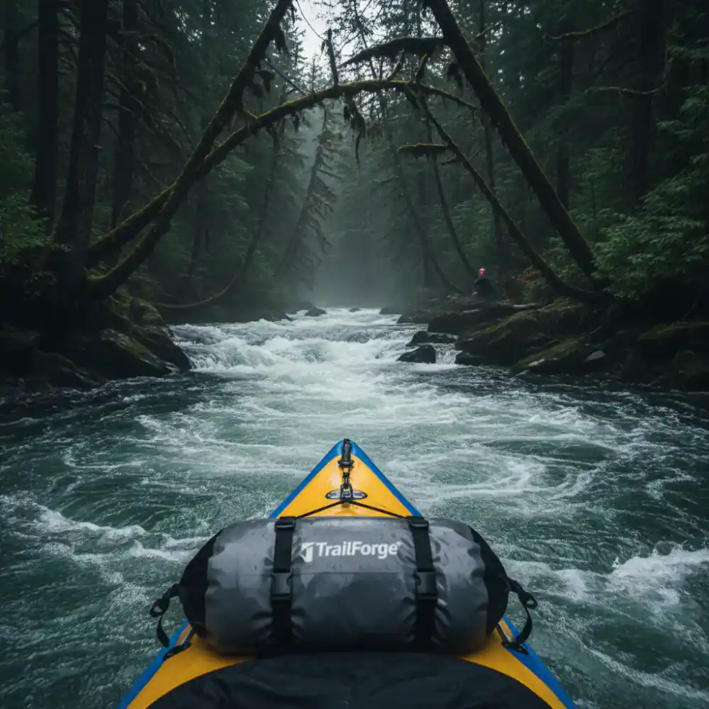 TrailForge dry bag strapped to a kayak in whitewater