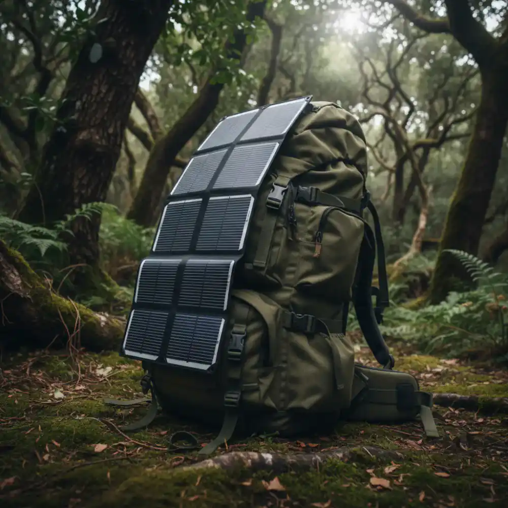 Foldable solar panel deployed over a hiking backpack