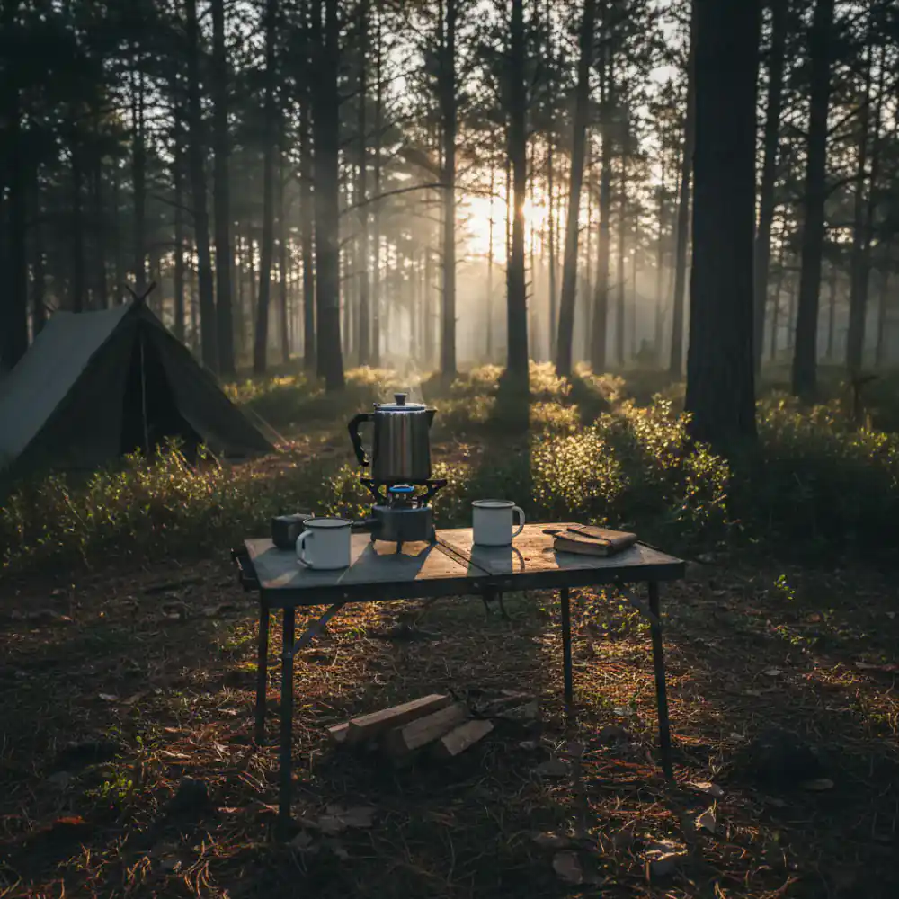 Campsite at dawn with portable gas burner blazing