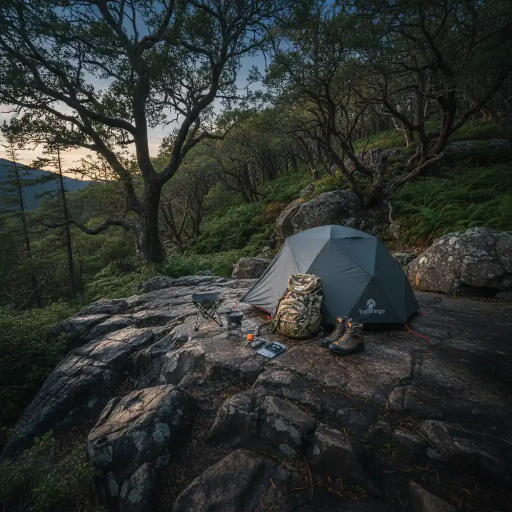 Array of TrailForge camping gear arrayed on rugged rocks