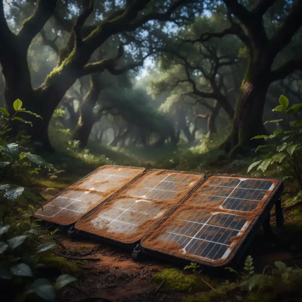 Foldable solar panel covered in desert dust
